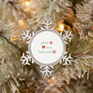 Peace Love Lebanon Flag and Heart Snowflake Pewter Christmas Ornament