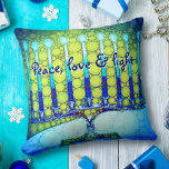 Peace Love Light Bold Blue Green Hanukkah Menorah Cushion<br><div class="desc">“Peace, love & light.” A close-up photo of a bright, colourful, blue and green artsy menorah helps you usher in the holiday of Hanukkah in style. Feel the warmth and joy of the holiday season whenever you relax on this stunning, colourful Hanukkah throw pillow. Makes a striking set of four...</div>