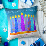 Peace Love Light Bold Hanukkah Candles Turquoise Cushion<br><div class="desc">“Peace, love & light.” A playful, modern, artsy illustration of boho pattern candles in a menorah helps you usher in the holiday of Hanukkah. Assorted blue candles with colourful faux foil patterns overlay a turquoise gradient to white textured background. Faux hot pink purple pattern foil on a purple blue background...</div>