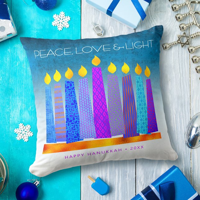 Peace Love Light Bold Hanukkah Candles Turquoise Cushion (Creator Uploaded)