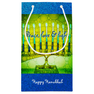 Peace Love Light Green Hanukkah Menorah on Glitter Small Gift Bag