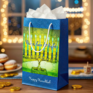 Peace Love Light Green Hanukkah Menorah on Glitter Small Gift Bag