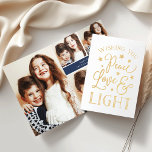 Peace, Love & Light | Hanukkah Photo Collage Gold Foil Card<br><div class="desc">Festive typography-based Hanukkah card features "Peace,  Love and Light" on the front in hand lettered style gold foil. Add four favourite family photo to the inside in a collage format,  and personalise with a custom message and signature.</div>