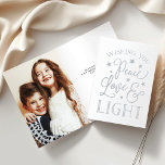 Peace, Love & Light | Hanukkah Photo Silver Foil Card<br><div class="desc">Festive typography-based Hanukkah card features "Peace,  Love and Light" on the front in hand lettered style silver foil. Add a favourite family photo to the inside,  and personalise with a custom message and signature.</div>