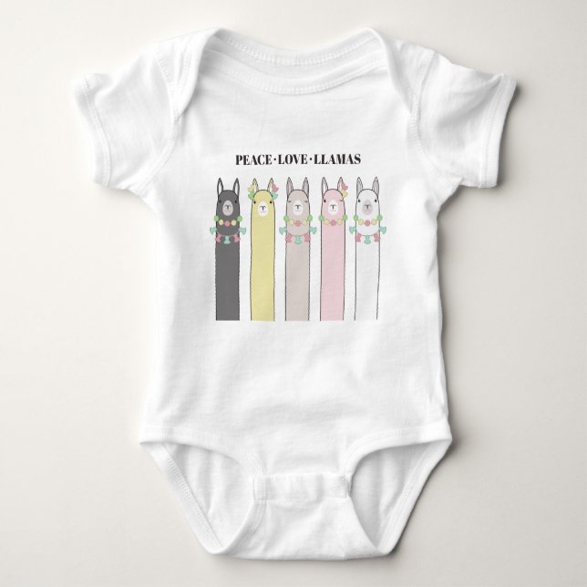 Peace Love Llamas - Cute Retro Colourful Llama Baby Bodysuit (Front)