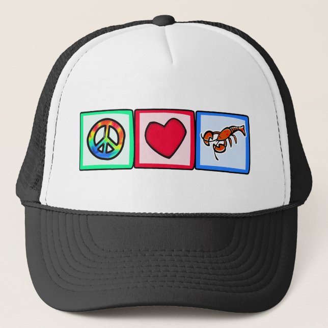 Peace, Love, Lobsters Trucker Hat (Front)