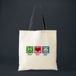 Peace Love Mail Tote Bag<br><div class="desc">Peace Love Mail Christmas gift for a dedicated postal worker. Your mailman will love this cute post office present with a peace sign,  heart,  and letter symbolising the postal service.</div>
