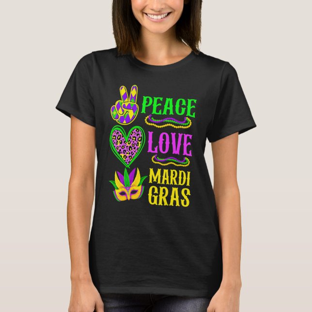 Peace Love Mardi Gras Leopard Funny Festival Carni T-Shirt (Front)