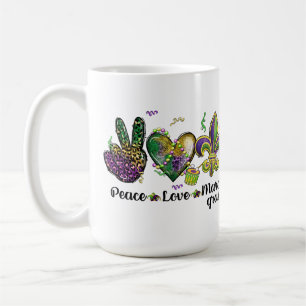 PEACE LOVE MARDI GRAS PURPLE GOLD GREEN COFFEE MUG