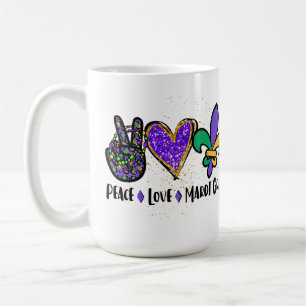 PEACE LOVE MARDI GRAS PURPLE GREEN GOLD COFFEE MUG