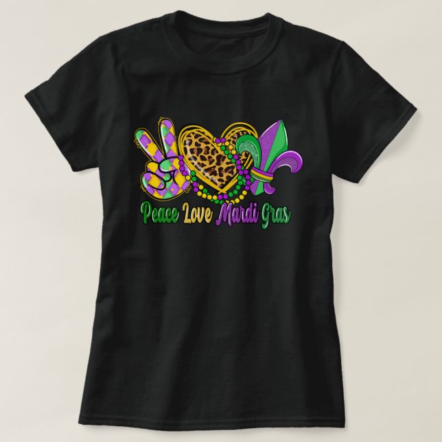 🎭 Peace Love Mardi Gras T-Shirt - Festive & Fun D (Design Front)