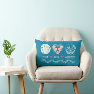 Peace Love Mermaids Artsy Teal Lumbar Pillow