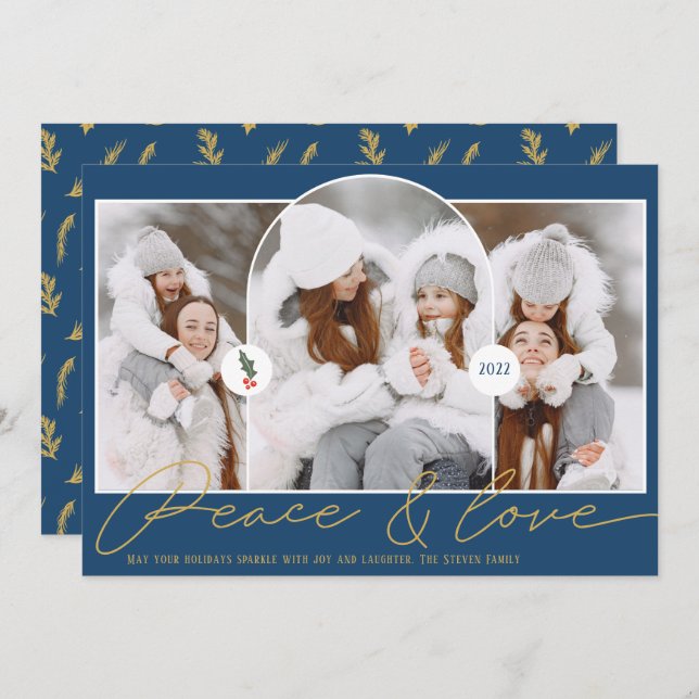 Peace love modern arch 3 photos blue gold holiday card (Front/Back)