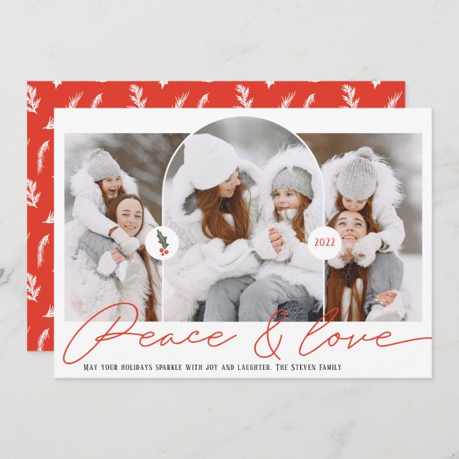 Peace love modern arch 3 photos red script holiday card (Front/Back)