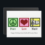 Peace Love Music Custom Christmas Magnet Card<br><div class="desc">Beautiful musician magnetic Christmas card featuring a peace sign,  heart,  and a treble clef and musical staff. Cute Peace Love Music holiday magnet cards for a composer,  band director,  or choir conductor.</div>