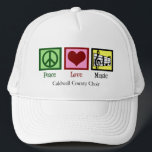 Peace Love Music Custom Cute Musician Trucker Hat<br><div class="desc">Beautiful musician gift featuring a peace sign,  heart,  and a treble clef and musical staff. Cute Peace Love Music hat for a composer,  band director,  or choir conductor.</div>
