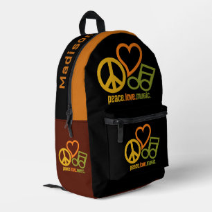 Peace Love Music custom name Printed Backpack
