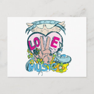 peace love music retro hippie vector art postcard