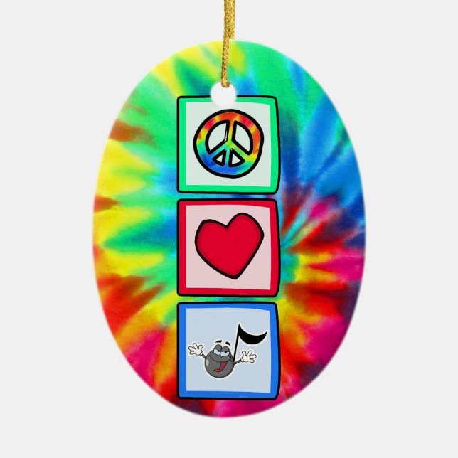 Peace, Love, Music; Tie Dye Ceramic Ornament (Front)