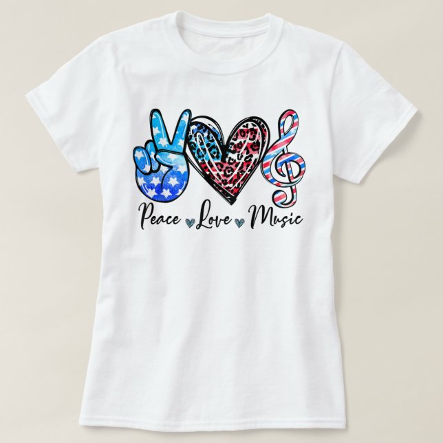 Peace Love Music US Flag 4th Of July Music Teacher T-Shirt (Design Front)