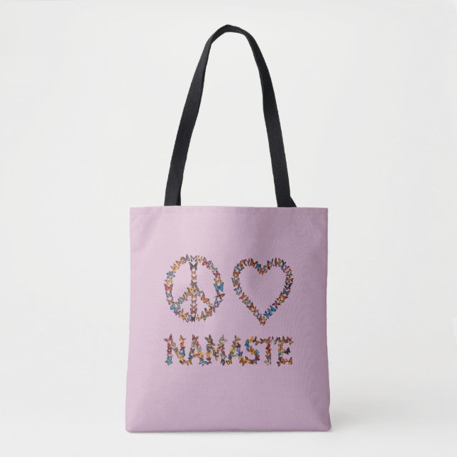Peace Love Namaste Butterflies - Pink Graphic Yoga Tote Bag (Front)
