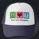 Peace Love Orthopaedics Cute Orthopaedist Trucker Hat<br><div class="desc">Peace Love Orthopaedics hat. A cute gift for an orthopaedic surgeon or orthopaedist who works with the musculoskeletal system and patients who need shoulder and hip surgery. A peace sign,  heart,  and a skeleton to show the bones of the speciality.</div>