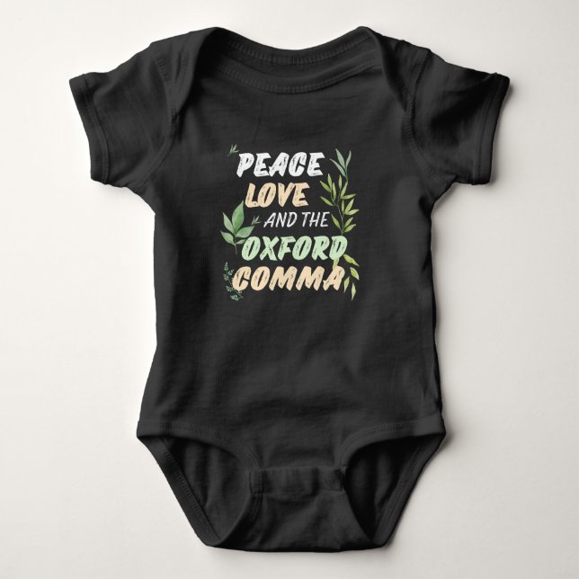 Peace Love Oxford Comma English Grammar Humour Baby Bodysuit (Front)