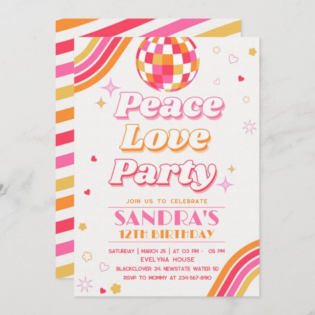 Peace Love Party Birthday Invitation (Front/Back)