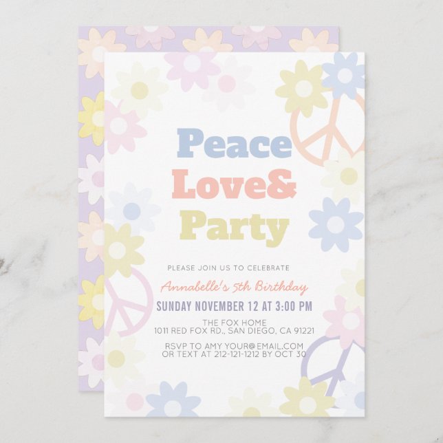 Peace Love & Party Girl Birthday Invitation (Front/Back)