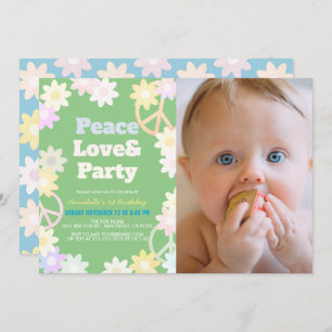 Peace Love & Party Green Photo 1st Birthday Invitation