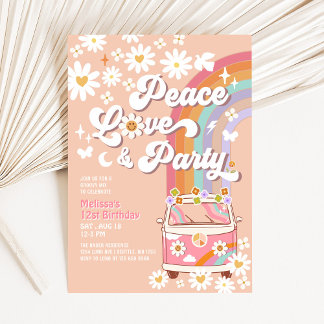 Peace Love Party Groovy Daisy Rainbow Birthday Invitation