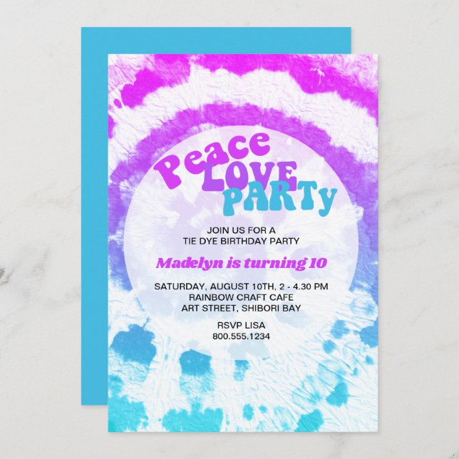 Peace Love Party Pink Turquoise Tie Dye Birthday Invitation (Front/Back)