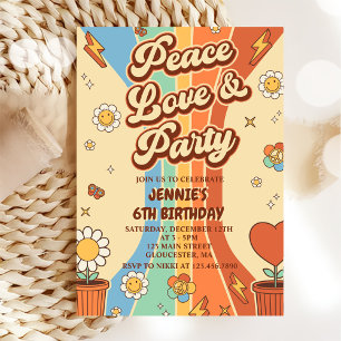 Peace Love Party Retro Rainbow 6th Birthday Invitation