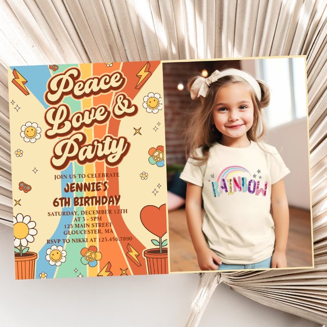 Peace Love Party Retro Rainbow 6th Birthday Photo Invitation (Creator Uploaded)