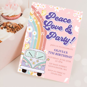 Peace Love Party Retro Rainbow 7th Birthday Invitation