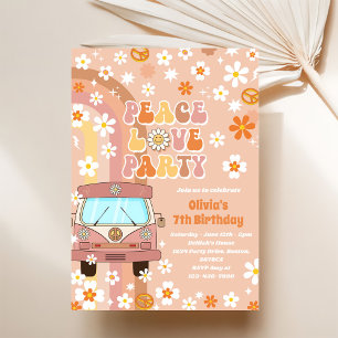 Peace Love Party Retro Rainbow 7th Birthday Invitation