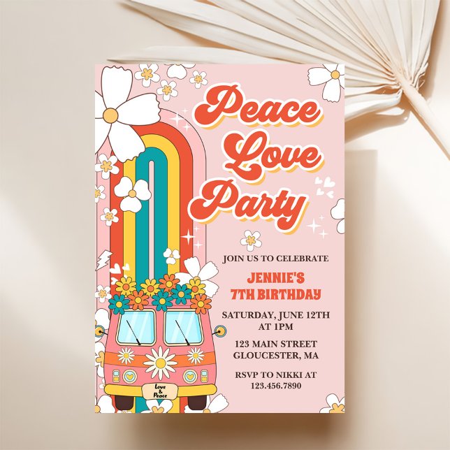Peace Love Party Retro Rainbow 7th Birthday Invitation (Creator Uploaded)