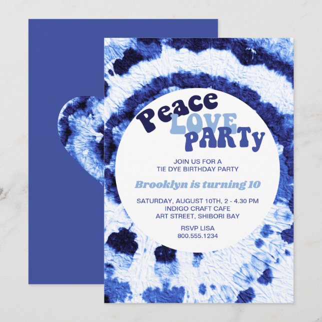 Peace Love Party Shibori Blue Tie Dye Birthday Invitation (Front/Back)