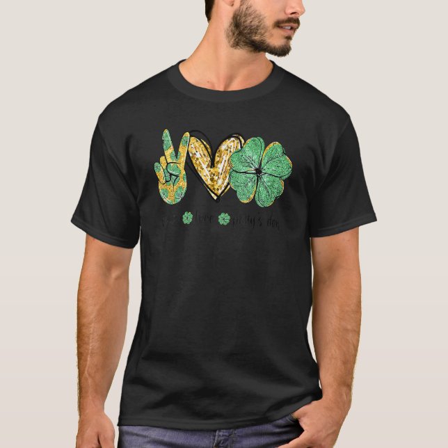 Peace Love Patty's Day Hand Hearts Shamrock St Pat T-Shirt (Front)