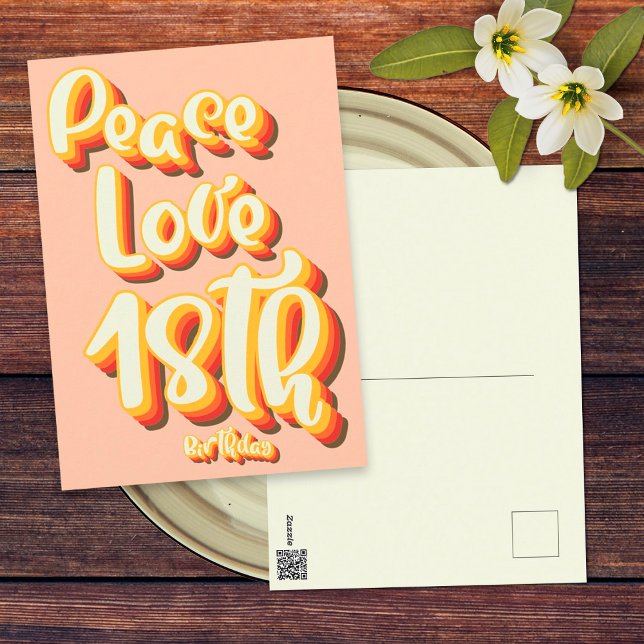 Peace Love Peach Retro Groovy 18th Happy Birthday Postcard (Front and Back)