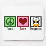 Peace Love Penguins Mouse Pad<br><div class="desc">I love penguins. They are all the world needs besides peace and love. A pretty green peace sign,  cute red heart and adorable penguin.</div>