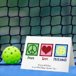 Peace Love Pickleball Cute Christmas Holiday Card<br><div class="desc">Peace Love Pickleball holiday card for a pickle ball player featuring a cute peace sign,  heart,  and a yellow ball for the sport. Personalise with your own Happy Holidays message for pretty sports club Christmas cards..</div>