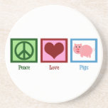 Peace Love Pigs Coaster<br><div class="desc">A pretty green peace sign,  red heart,  and a cute pink pig. I love farm animal gifts and pigs are my favourite.</div>
