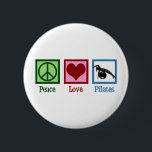 Peace Love Pilates 6 Cm Round Badge<br><div class="desc">Peace Love Pilates. A cute pilates instructor gift featuring a peace sign,  heart,  and woman stretching over an exercise ball.</div>