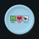 Peace Love Pilates Paper Plate<br><div class="desc">Peace Love Pilates. A cute pilates instructor gift featuring a peace sign,  heart,  and woman stretching over an exercise ball.</div>