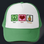 Peace Love Pineapple Trucker Hat<br><div class="desc">I love to eat pineapple,  it's my favourite food. A cute Hawaiian fruit cap gift.</div>