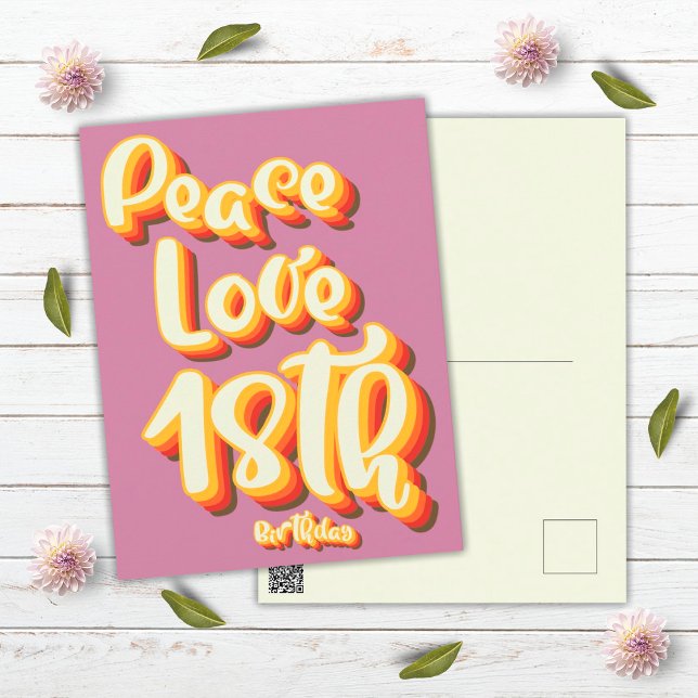 Peace Love Pink Retro Groovy 18th Happy Birthday Postcard (Front and Back)