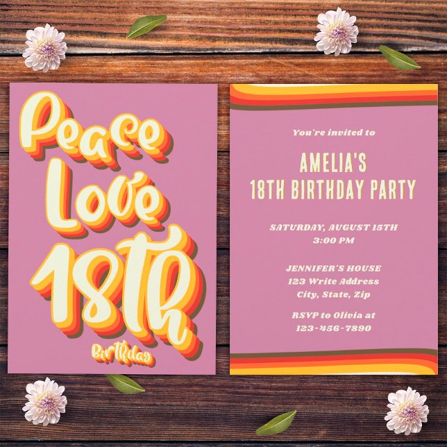Peace Love Pink Retro Groovy Sunset 18th Birthday Invitation (Front and Back)