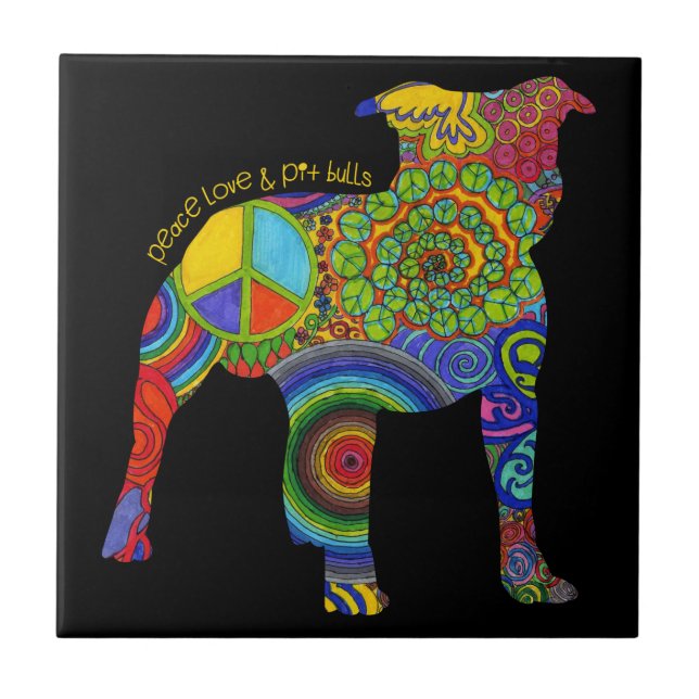 "Peace Love & Pit Bulls" Pop Art Photo Tile (Front)
