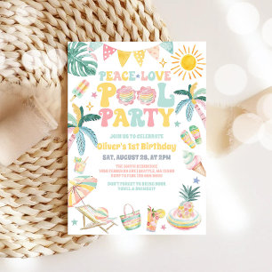 Peace Love Pool Party Summer Birthday Invitation